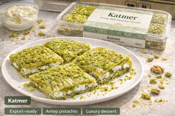 Katmer (Antep-Style Pistachio Dessert) Antep-style katmer pistachio dessert — ultra-thin layers with pistachio for premium export range