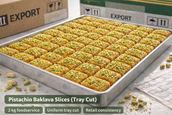 Pistachio Baklava Slices (Tray Cut) Pistachio baklava tray-cut slices — uniform slices for foodservice and retail consistency in export shipments
