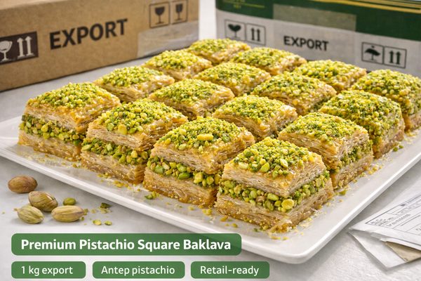 Premium Pistachio Square Baklava Premium Pistachio Square Baklava — crisp cuts finished with bright pistachio crumble for export